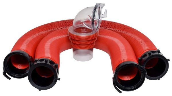 VALTERRA D040115 Sewer Hose; EZ Coupler; 20 Foot Length; 25 Inch Compressed Length For Each 10 Foot Section; 18 Mil Vinyl Cover With UV Protectant; Red With Black Fittings; With Two 10 Foot Hoses/ Rotating Fittings/ Universal 90 Degree Sewer Adapter