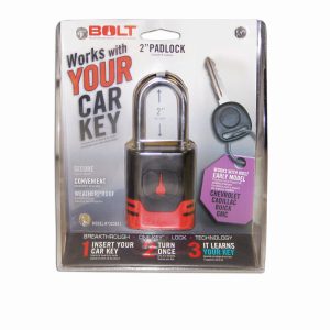 BOLT 7018517 PADLOCK GM A, Key Type - Uses Automotive Key; 5/16 Inch Diameter Shackle; 2 Inch Height x 0.95 Inch Width Shackle Clearance; General Purpose; Chrome Plated; Black And Red; Steel; With Stainless Steel Lock Shutter And Protective Jacket