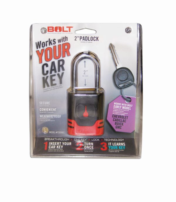 BOLT 7018517 PADLOCK GM A, Key Type - Uses Automotive Key; 5/16 Inch Diameter Shackle; 2 Inch Height x 0.95 Inch Width Shackle Clearance; General Purpose; Chrome Plated; Black And Red; Steel; With Stainless Steel Lock Shutter And Protective Jacket