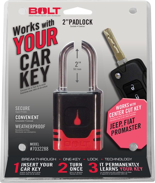 BOLT 7032288 PADLOCK JEEP CENTER CUT, Key Type - Uses Automotive Key; 5/16 Inch Diameter Shackle; 2 Inch Height x 0.95 Inch Width Shackle Clearance; General Purpose; Chrome Plated; Black And Red