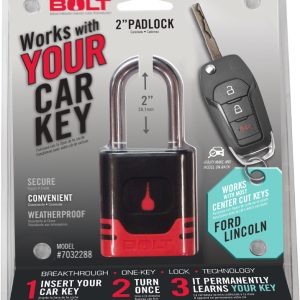 BOLT 7040469 PADLOCK FORD CENTER CUT, Key Type - Uses Automotive Key; 5/16 Inch Diameter Shackle; 2 Inch Height x 0.95 Inch Width Shackle Clearance; General Purpose; Chrome Plated; Black And Red