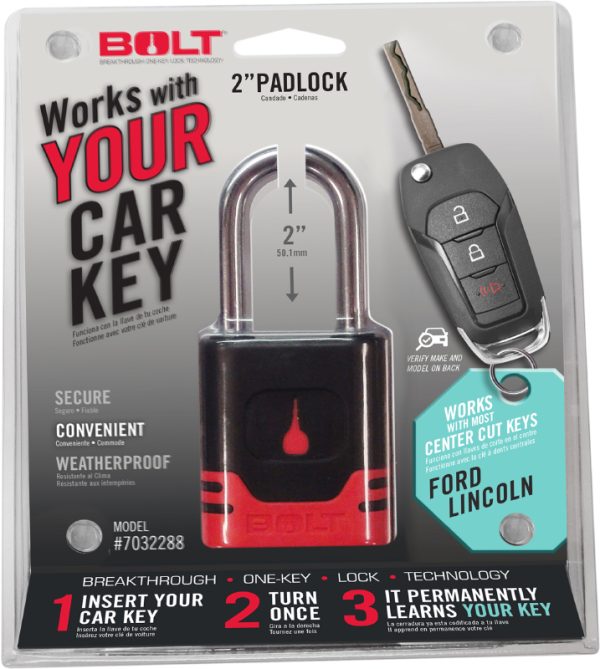 BOLT 7040469 PADLOCK FORD CENTER CUT, Key Type - Uses Automotive Key; 5/16 Inch Diameter Shackle; 2 Inch Height x 0.95 Inch Width Shackle Clearance; General Purpose; Chrome Plated; Black And Red