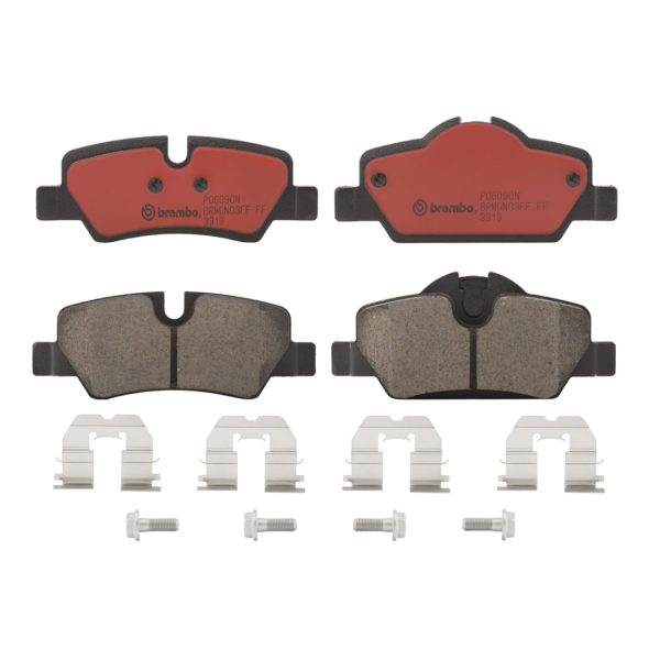 BREMBO P06090N Brake Pad; NAO; FMSI D1800-9032; Ceramic; Set Of 4; With Hardware/ Brake Caliper Screws For 2014-2021 Mini Cooper