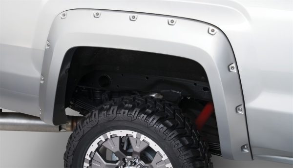 BUSHWACKER 40967-02 Pocket/Rivet Style Front & Rear Fender Flares | 4-Piece Set, Black, Smooth Finish Fits 2015-2019 GMC Sierra 2500 HD, 3500 HD