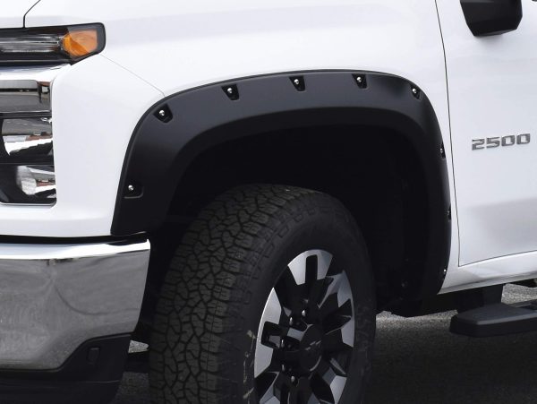 BUSHWACKER 40982-02 Pocket/Rivet Style Front & Rear Fender Flares | 4-Piece Set, Black, Smooth Finish Fits 2020 - 2024 Chevrolet Silverado 2500 HD, 3500 HD