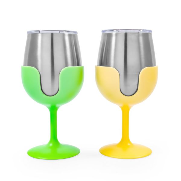 CAMCO 51916 Yellow and Green Stainless Steel Tumbler Set with Removable Bright Lime Wine Glass Stems-Leak Proof Lid, Vacuum Insulated, BPA Free 8 Oz