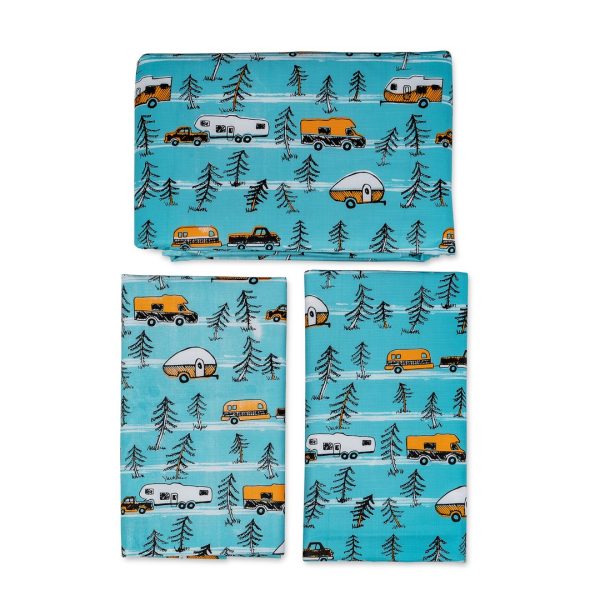 CAMCO 53380 LIBATC - TABLECLOTH W/ BENCH COVERS, 9 Foot Length x 4-1/2 Foot Width Tablecloth/ 9 Foot Length x 1-1/2 Foot Width Bench Covers; RV And Tree Sketch Design; Vinyl With Flannel Backing; 3-Piece Set (1 Tablecloth And 2 Bench Covers)