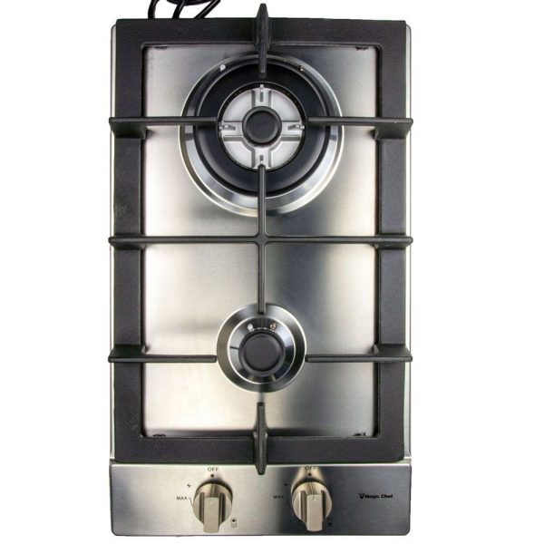 MAGIC CHEF MCSCTG12S 12FT BUILT IN GAS COOKTOP, Cooktop; 11.8 Inch Width x 3.6 Inch Height x 20 Inch Depth; Electronic Ignition; 5000 BTU Front Burners And 16000 BTU Rear Burners; 2 Burner; Continuous Cast Iron Grate
