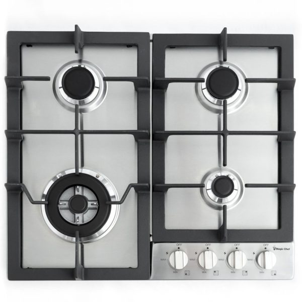 MAGIC CHEF MCSCTG24S 24FT BUILT IN GAS COOKTOP, Cooktop; 22.8 Inch Width x 2.8 Inch Height x 20.1 Inch Depth; Electronic Ignition; 16000 BTU Left Front/ 5000 BTU Right Front/ 6800 BTU Rear Burners; 4 Burner; Continuous Cast Iron Grate