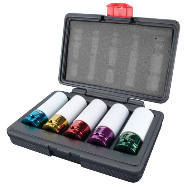 PERFORM TOOL W32902 5pc 1/5-Inch Drive Metric& SAE Impact Socket Tool Set, 17, 19, 21mm & 13/16-Inch, 7/8-Inch, Non-Marring Protective Wheel Lug Nut Impact Socket Set