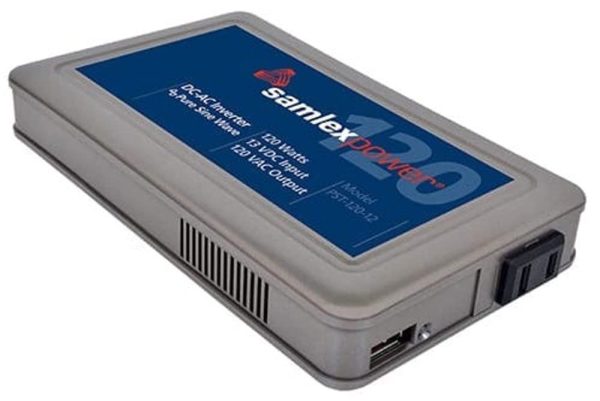 SAMLEX PST-120-12 Power Inverter; PST Series; Inverts 12 Volt DC To 120 Volt AC; 120 Watts; 1 Amp Output; 88 Percent Efficiency; With 1 AC Outlet; Low Input Voltage Warning Alarm/ Short Circuit/ Ground Fault/ Over Loading/ Reverse Polarity Protection