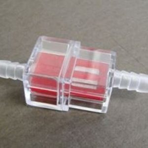 HELIX RACING 118-9013 FUEL FILTER 1/4FT (6MM) RECTANGULAR, Complete Assembly; In-Line; 1/4 Inch Inlet/Outlet; Rectangular Shape; 106 Micron Stainless Steel Screen Element In Red Frame; Clear Housing; Single