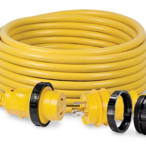 MARINCO 25GENC Power Cord; Generator Extension Cord; 30 Amp; 25 Foot Length; Male Twist Lock Plug With LED Indicator Light And Contour Grip With Threaded Ring And Female Plug With Contour Grip With Threaded Ring; 10 Gauge Wire; UL Approved; Yellow