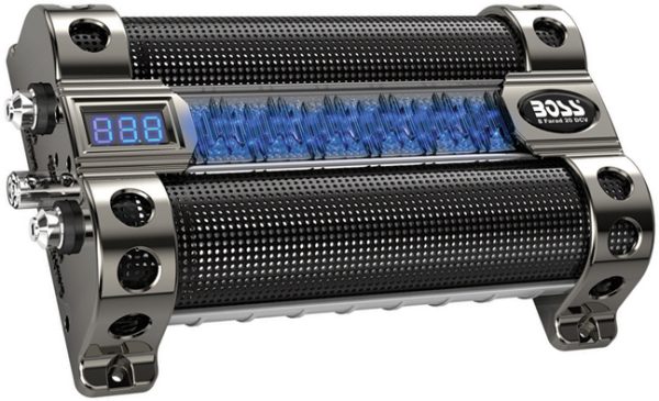 BOSS AUDIO CAP8 8 Farad Capacitor Digital Voltage Meter Black Chrome Active Light Show