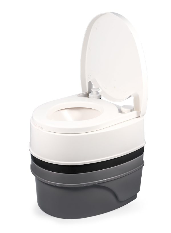 CAMCO 41545 Premium Portable Travel Toilet With Three Directional Flush and Swivel Dumping Elbow | Designed for Camping, RV, Boating And Other Recreational Activities - (5.3 gallon),White