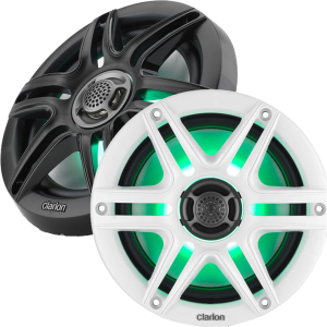 CLARION 010-03046-00 6.5-INCH COAXIAL MARINE SPEAKERS WI Speaker Pair 6.5-Inch Marine Coaxial Speakers With 0.5-Inch (13 Mm) Silk Dome Tweeters. Built-In RGB LED Illumination. Includes White & Black Sport Grilles. 30 Watts RMS 4 Ohms.