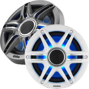 CLARION 010-03048-00 6.5-INCH COAXIAL MARINE SPEAKERS Speaker Pair 6.5-Inch Marine Coaxial Speakers With 1-Inch (25 Mm) Silk Dome Tweeters. Built-In RGB LED Illumination. Includes White & Silver Metallic Sport Grilles. 50 Watts RMS 4 Ohms.