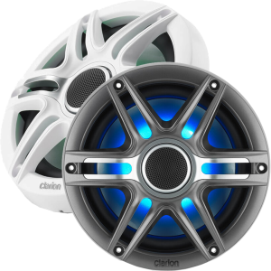 CLARION 010-03049-00 7.7-INCH COAXIAL MARINE SPEAKERS Speaker Pair 7.7-Inch Marine Coaxial Speakers With 1-Inch (25 Mm) Silk Dome Tweeters. Built-In RGB LED Illumination. Includes White & Silver Metallic Sport Grilles. 60 Watts RMS 4 Ohms.