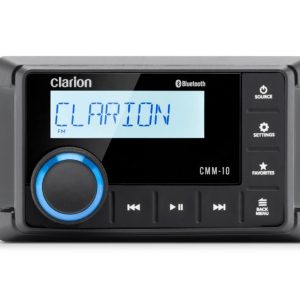 CLARION 010-03442-00 ULTRA-COMPACT WEATHERPROOF SOURCE Marine; Digital AM/ FM Tuner With Radio Data System Display Info; With Bluetooth Audio Streaming; USB 2.0 Input; 2 Inch LCD Display; With Built-In Amplifier; 1 Amp Charging Output; IP66 Waterproof
