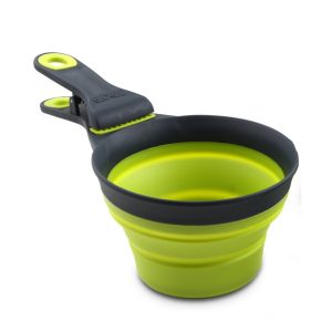 DEXAS PW660432383 Popware for Pets Collapsible Klip Scoop, 3 in 1 Design Convenient Measuring Cup, Food Scooper and Bag Clip,1 Cup Capacity Pet Food Scoop, Versatile Food Measuring Cups Portion Control Gray/Green