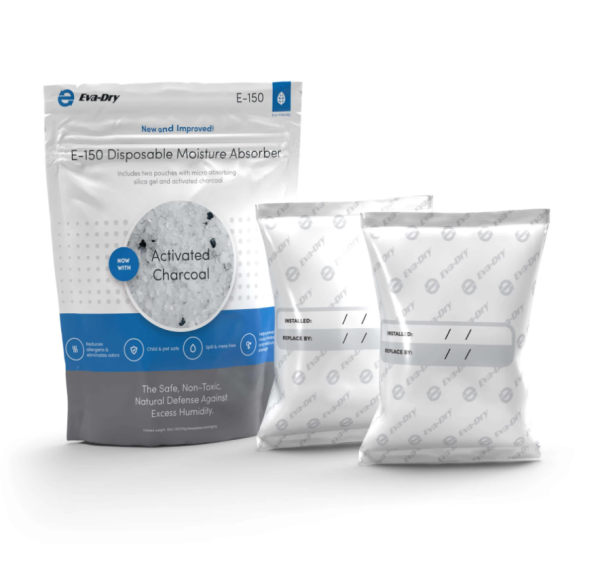 EVA-DRY E-150 MOISTURE ELIMINATOR POUCH, Silica Gel/ Activated Charcoal Technology; Disposable; 5 Inch Width x 5 Inch Height x 3 Inch Depth; 4 To 6 Ounce Moisture Removal Capacity; Non-Renewable