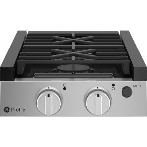 GE PLU612RWSS PROFILE 12FT RANTOP STAINLES Cooktop; Black/ Gray; 12 Inch Width x 4.1 Inch Height x 22.6 Inch Depth; Electronic Ignition; 6500 BTU Front/ Rear Burners; 2 Burner; With Removable Grates For Quick Cleaning