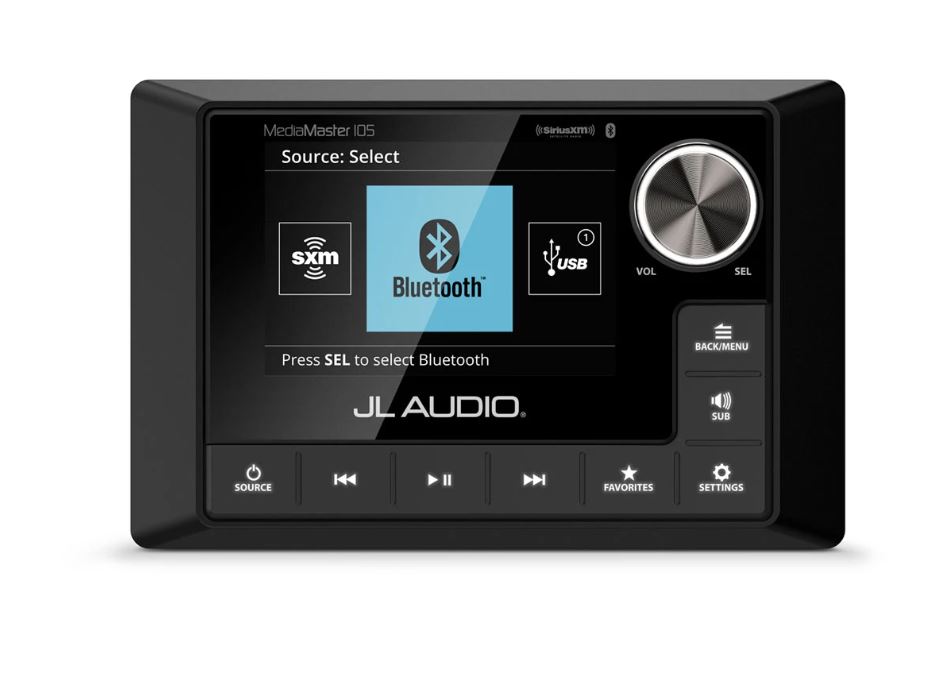 JL AUDIO 010-03132-00 MM105 Marine; AM/FM Tuner With Radio Data System And SiriusXM-Ready Satellite Radio(Tuner/ Antenna/ Subscription Sold Separately); Bluetooth Audio Streaming; USB 2.0 Input/ One Stereo Pair Of Auxiliary Input/ Built-in Amplifier