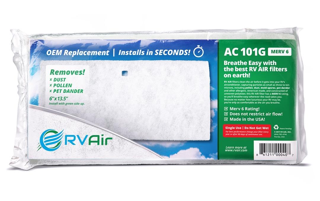 RV AIR AC 101G Air Conditioner Filter; Use With Coleman RV Air Conditioners; MERV 6 Rating; 13-1/2 Inch Length x 6 Inch Width x 3/4 Inch Depth; Removes Dust/ Pollen/ Pet Dander