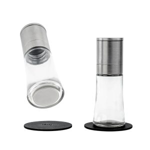SILWY MAGNET GM-SP-4 MAGNETIC SPICE MILLS Cylindrical; 2 Inch Diameter x 6 Inch Height; With Ceramic Grinders; Clear Glass/ Stainless Steel; Refillable; Set Of 2; BPA Free; Integrated Magnet Base; With Two Black Metal Nano Gel Pads