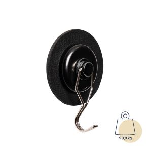 SILWY MAGNET H000-14GA-1 MAGNETIC HOOK Magnetic Mount; To Hang Jackets/ Towels/ Kitchen Utensils; 1.65 Inch Diameter; Black; Metal; Single; Holds Up To 1.8 Pound; Leather Look; With One Black Metal Nano Gel Pad