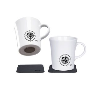 SILWY MAGNET S027-1308-2-B-BO HANDLE CUPS WANDERLUST BLACK Magnetic Cup; With Handle; 9.1 Ounce Capacity; Compass Logo; White; Porcelain; Set Of 2; Integrated Magnet Base; With Two Black Metal Nano Gel Pads
