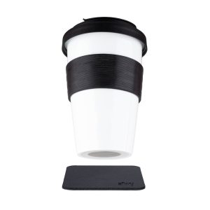 SILWY MAGNET S038-1403-1-B PORCELAIN TO-GO CUP BLACK 12 Ounce Capacity; Vacuum Lid; Non Insulated; Without Handle; White; Porcelain; Not Dishwasher Safe; Integrated Magnet Base; With One Lid/ One Heat Protection/ One Black Metal Nano Gel Pad