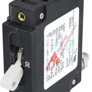 BLUE SEA 7355-BSS CIRCUIT BREAKER CA1TOGGLE 30A WHT 30 Amp/ 240 Volt AC/ 80 Volt DC; Manual Reset; White; Single Pole Magnetic Hydraulic Type; Toggle Actuator; 1/4 Inch-20 Stud Terminal; Single