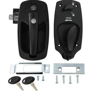 AP PRODUCTS 013536 BAUER EURO LOCK-BLACK; Lever Style Handle For Bauer RV Keyed-A-Like Euro Door Lock With Cut Out Dimensions Of 4-1/4 Inch x 7.44 Inch Door; Black; Powder Coated; With 2 Keys And Mounting Hardware