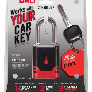 BOLT 7023539 PADLOCK-TOYOTA, Key Type - Uses Automotive Key; 5/16 Inch Diameter Shackle; 2 Inch Height x 0.95 Inch Width Shackle Clearance; General Purpose; Chrome Plated; Black And Red; Steel