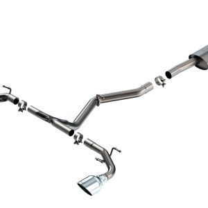 BORLA 140909 Exhaust System Kit; S-Type Cat Back System; T-304 Stainless Steel; With Muffler; 2-1/2 Inch Pipe Diameter; Single Exhaust With Dual Exit; Single Split Rear Exit; 5 Inch Chrome On T-304 Stainless Steel Tips