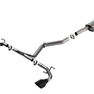 BORLA 140909BC Exhaust System Kit; S-Type Cat Back System; T-304 Stainless Steel; With Muffler; 2-1/2 Inch Pipe Diameter; Single Exhaust With Dual Exit; Single Split Rear Exit; 5 Inch Black Chrome On T-304 Stainless Steel Tips