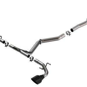 BORLA 140910BC Exhaust System Kit; ATAK Series Cat Back System; T-304 Stainless Steel; With Muffler; 2-1/2 Inch Pipe Diameter; Single Exhaust With Dual Exit; Single Split Rear Exit; 5 Inch Black Chrome On T-304 Stainless Steel Tips