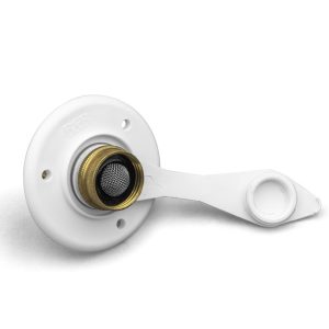 B&B MOLDERS 94234 FLUSH WTR FLANGE W/BR VALVE; Used For RV Fresh Water System; Flange Type; Without Check Valve/ Brass Valve Body Only; Polar White; UV And Impact Resistant; With Installation Kit; Single; B&B Cross Reference 160-85-A-2Z-A