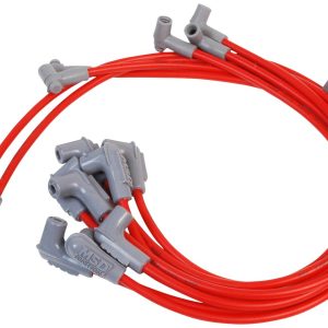 MSD 31249 WIRE SET, Pre Assembled; Red; 8-1/2 Millimeter; Silicone and Synthetic; Helically Wound Copper Alloy Conductor With Ferro-Magnetic Impregnated Center Core; 90 Degree Spark Plug Boots; 90 Degree Distributor Boots With HEI Style Terminals