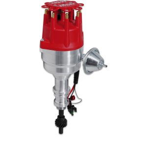 MSD 8350 DIST FORD; For Use With Ford 351C/351M/400/429/460 Cubic Inch Engines; With Ignition Control Module; Magnetic Trigger; Vacuum and Mechanical Advance; With Iron Gear; Red Cap With HEI/Male Posts
