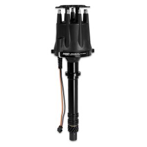 MSD 85555 BLACK DISTRIBUTOR CHVY; For Use With Chevy V8 Engines; Without Ignition Control Module; Magnetic Trigger; Mechanical Advance; With Iron Gear; Black Cap With HEI/Male Posts