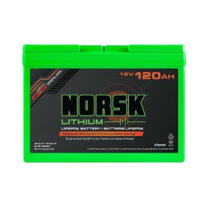 NORSK B12120GH 12.8V-120AH-NSK-TROLLING-HOUSE; Group 27; 12 Volt; M8 Threaded Stud Top Terminal; Lithium Iron Phosphate Style (LiFePO4); 12.04 Inch Length; 6.81 Inch Width; 8.85 Inch Height; 240 Pulse Discharge Ampere For 3 Second
