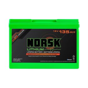 NORSK B16135GH 16V-135AH-LIFEPO4-TROLLING-HOUSE; Group 31; 16 Volt; M8 Threaded Stud Top Terminal; Lithium Iron Phosphate Style (LiFePO4); 13 Inch Length; 6.81 Inch Width; 9-1/4 Inch Height; 270 Pulse Discharge Ampere For 3 Second