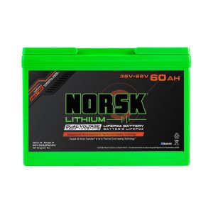 NORSK BDV3628060GH 36V+28V-60AH-LIFEPO4-BAT-GDN-H; Group 31; 36 Volt; M8 Threaded Stud Top Terminal; Lithium Iron Phosphate Style (LiFePO4); 13 Inch Length; 6.81 Inch Width; 9-1/4 Inch Height; 300 Pulse Discharge Ampere For 3 Second