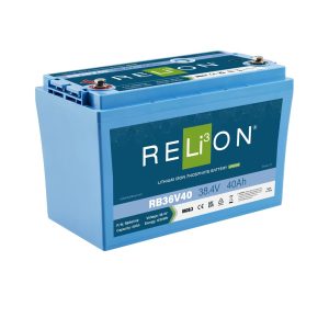 RELION RB36V40 LIFEPO4 LEGACY LITH, Group 31; 36 Volt; 40 AH Capacity; M8 Threaded Stud Top Terminals; Lithium; 13 Inch Length x 6.8 Inch Width x 8.4 Inch Height; Deep Cycle Battery; 175 Ampere Peak Discharge Current; ABS Case