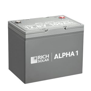 RICH SOLAR RS-B121S ALPHA 1 - 12V 100AH BATTERY; Group 24; 12.8 Volt Nominal Voltage; M8 Threaded Stud Top Terminal; Lithium Iron Phosphate Style (LiFePO4); 10.2 Inch Length; 6.6 Inch Width; 8.3 Inch Height; Flame Retardant Plastic