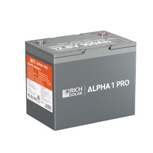 RICH SOLAR RS-B121SP ALPHA 1 PRO - 12V 100AH BATTERY; Group 24; 12.8 Volt Nominal Voltage; M8 Threaded Stud Top Terminal; Lithium Iron Phosphate Style (LiFePO4); 10.2 Inch Length; 6.6 Inch Width; 8.3 Inch Height; Flame Retardant Plastic