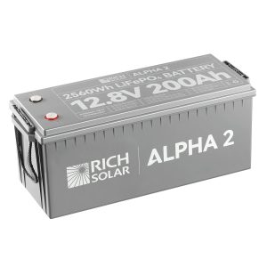 RICH SOLAR RS-B122S ALPHA 2 - 12V 200AH BATTERY; Group 31; 12.8 Volt Nominal Voltage; M8 Threaded Stud Top Terminal; Lithium Iron Phosphate Style (LiFePO4); 20.9 Inch Length; 8.1 Inch Width; 8-1/2 Inch Height; Flame Retardant Plastic