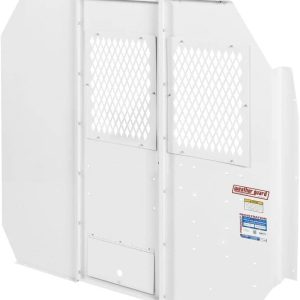 WEATHER GUARD 96302-3-01 BULKHEAD TRANSIT LOW ROOF MESH; Full Bulkhead; Fixed Panel With Dog Door Converts To Door; With Door Pocket; With Mesh Window; White; Steel; Optional Hinge Kit Can Be Purchased To Convert To Locking Swing Door Version